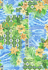 Fototapeta premium Tropical Floral and Geometric Seamless Pattern with Palm Leave and Exotic Flowers