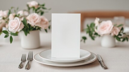 elegant minimalist summer event Elegant table setting with blank menu card surrounded by soft pink roses in minimalistic vases.
