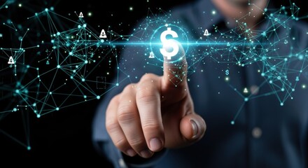 Businessman hand touching glowing digital dollar sign on virtual network interface for global financial technology concept