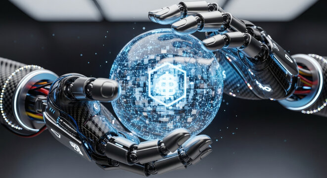 Robotic hands gently cradle a glowing digital sphere with a central hexagonal icon, embodying advanced technology, data intelligence, and the future of AI innovation - Powered by Adobe