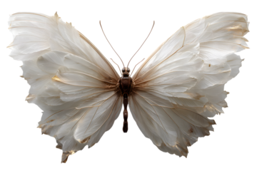 Delicate white butterfly with intricate wing patterns on black background
