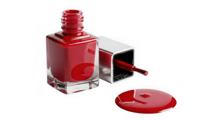 Red nail polish bottle with brush and spilled polish isolated on transparent background