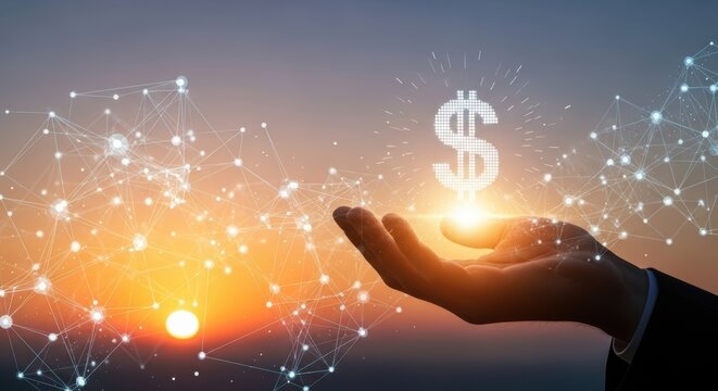 Businessman hand holding glowing digital dollar sign with abstract network connection lines against sunset sky symbolizing fintech growth and investment - Powered by Adobe