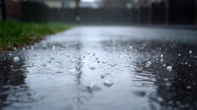 Ground-level tracking shot of small, icy hail bouncing dynamically off a wet, paved surface during a brisk downpour ground-level, wetness, icy