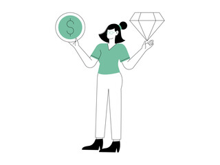 Woman balancing herself with coins and diamonds in her hands. Finance illustration. Flat vector illustration.	
