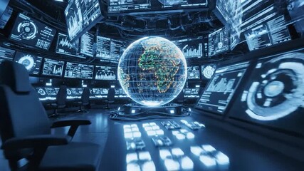 Futuristic global control center with multiple digital screens displaying data and network information representing advanced technology and communication infrastructure - Powered by Adobe