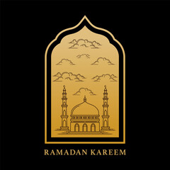 Lettering, Illustration Ramadan Kareem with Stylish Islamic Designs Elegant Gold Mosque Silhouette, Vector Calligraphy Design, Usable for Poster, Banners, Postcards, Wallpaper, Gifts etc.