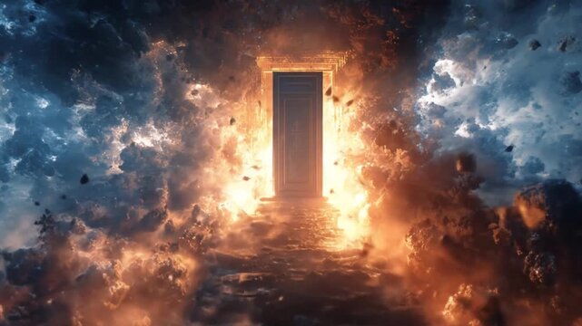 A luminous doorway at the end of a stone path, engulfed by fire and celestial clouds