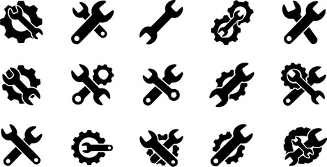 Set of black silhouette wrench and gear icons representing repair and maintenance concepts