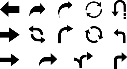 Black arrow icon set with various directions and shapes in a simple style