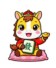 A cheerful horse in red attire, holding a &ldquo;Fa&rdquo; tile and gold ingot. Great for Chinese New Year decor, zodiac - themed designs, and festive luck - related visuals.