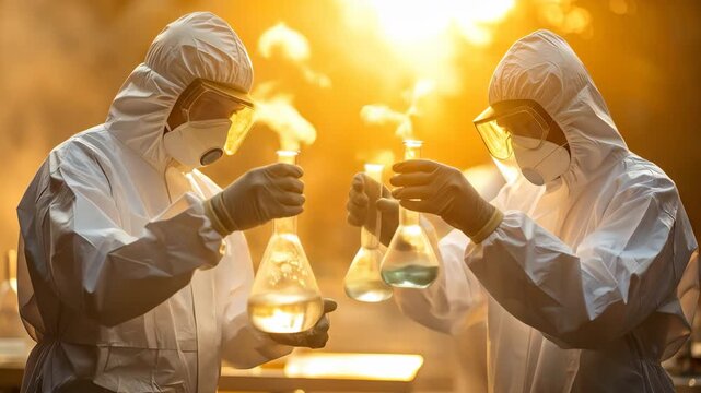 Scientists in Hazmat Suits Conduct Experiments in a Fiery Lab.