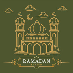 Lettering, Illustration Ramadan Kareem Featuring Golden Mosque and Crescent Moon For A Blessed , Vector Calligraphy Design, Usable for Poster, Banners, Postcards, Wallpaper, Gifts etc.