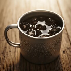 Black iced coffee served in a vintage tin mug, giving a nostalgic local feel.