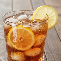 Refreshing iced sweet tea served with lemon slices in a glass.