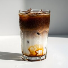Modern-style Indonesian coffee with palm sugar and fresh milk, served in a glass.