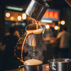 Creamy pulled tea served hot in a traditional Indonesian warung setting.