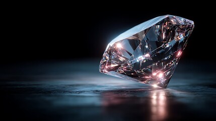 Sparkling faceted diamond gemstone resting on a dark reflective surface with dramatic lighting and