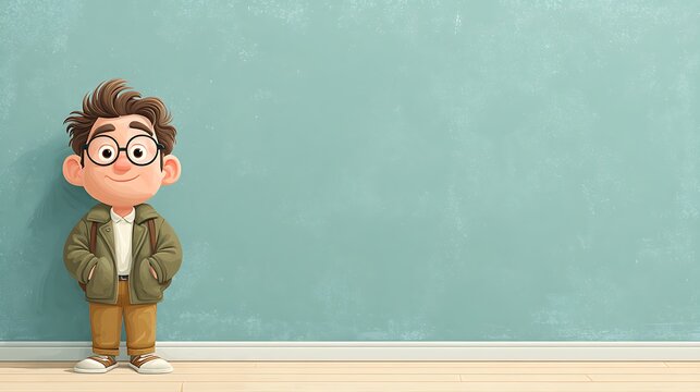 Smiling cartoon boy with glasses and backpack. standing against a textured teal wall. digital illu