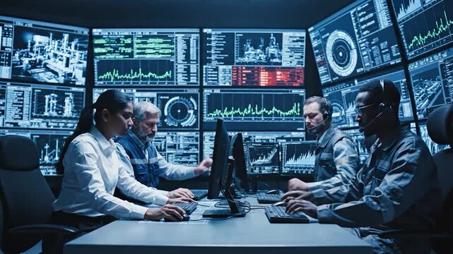 Global operations control center team monitors multiple screens displaying real time data and information technology infrastructure