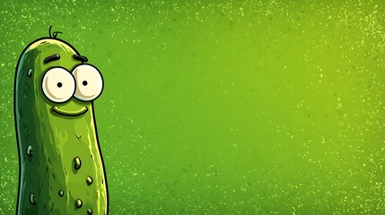 Funny cartoon dill pickle with big eyes smiling happily against a textured green background with s