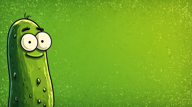 Funny cartoon dill pickle with big eyes smiling happily against a textured green background with s
