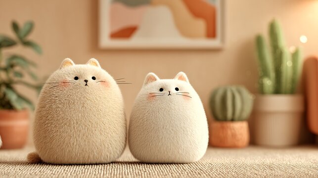 Two cute fluffy cartoon cat characters sitting together indoors on textured carpet. 3D render