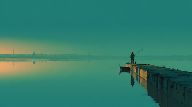 Lone silhouette angler casts line from weathered pier at tranquil sea with distant city skyline