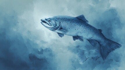 Fototapeta premium Artistic illustration of a speckled trout swimming in blue abstract water. detailed fish portrait