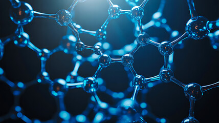 Close up view of blue molecular structure with connected atoms