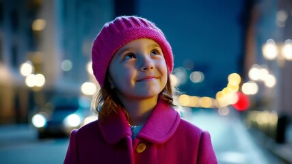  Little girl in pink coat and hat smiling at night city lights
