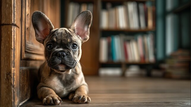 Adorable fawn brindle French Bulldog puppy resting indoors near wooden furniture. soft bookshelf b