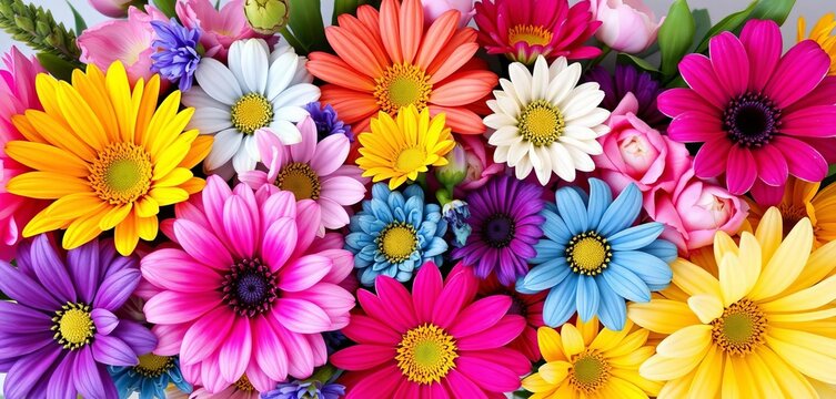 Vibrant bouquet of birth month flowers arranged as a directional arrow, may, august - Powered by Adobe