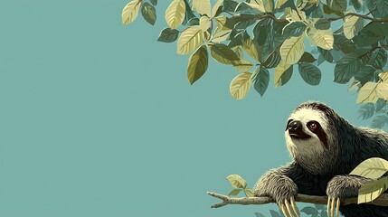 Naklejka premium Charming cartoon sloth resting on a tree branch amidst lush green foliage against a soft blue back