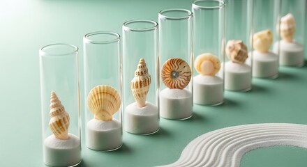 Collection of Seashells in Test Tubes on a Light Green Background.