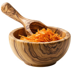 Grated carrots in a wooden bowl with a wooden spoon