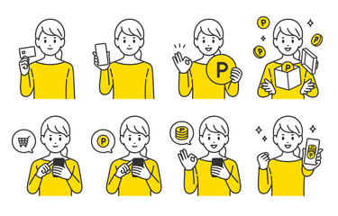 クレジットカードやスマホで買い物をする･ポイントを貯める若い女性のセット【人物ベクターイラスト素材】