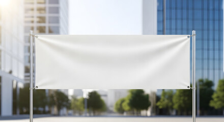 Blank white banner on metal poles in front of blurred modern city buildings and trees