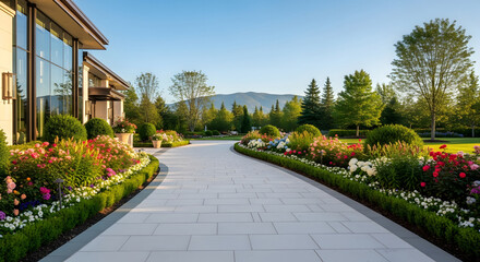Obraz premium Elegant stone pathway leading through a vibrant flower garden towards a modern building and distant mountains