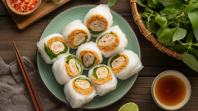 Vietnamese cuisine. B&aacute;nh cuo &mdash; traditional rice rolls, a dish for breakfast.

top view











top view