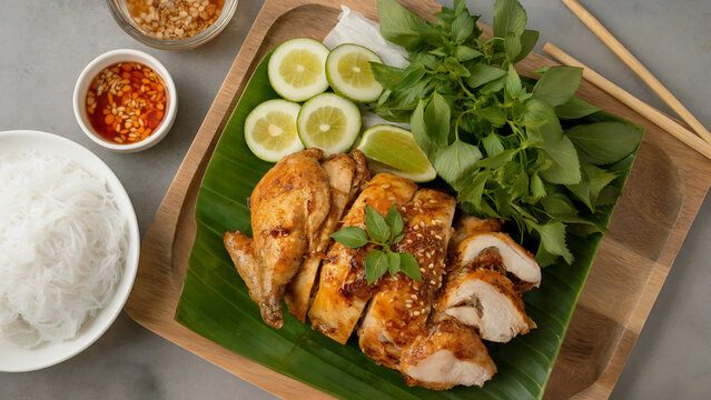 Vietnamese cuisine. B&aacute;nh cuo &mdash; Ga nuong &mdash; a spicy dish made from grilled chicken.


top view