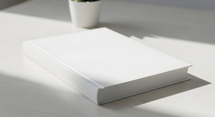 Blank white book resting on a white surface with soft shadows and natural light