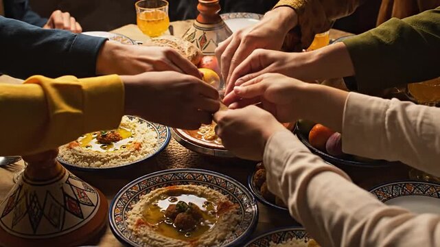 Festive Moroccan Table with Traditional Dishes, Friends Enjoying Meal Together