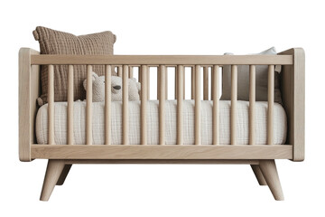 Light wood crib with linens and soft toys