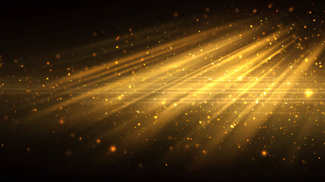 Horizontal golden light rays with glare, flashes, and sparkling glow isolated on white or black background. Shining star effect, golden sun light, bright gold flash, and shimmering powder particles. 