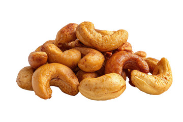 Roasted cashews, piled high, golden-brown, isolated