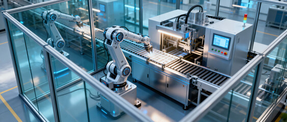 Modern industrial production line with automated robotic arms for efficient manufacturing process.