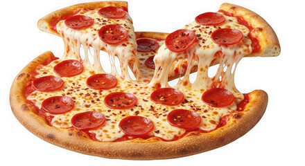Delicious pepperoni pizza with melted cheese isolated on transparent background, ready to eat