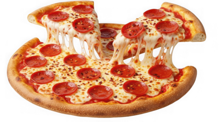 Delicious pepperoni pizza with melted cheese isolated on transparent background, ready to eat