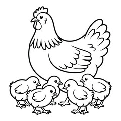 Mother hen with her chicks in a simple line drawing